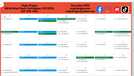 November 2023 Calendar of Events/Classes and Practitioner Services at Majix Dragon