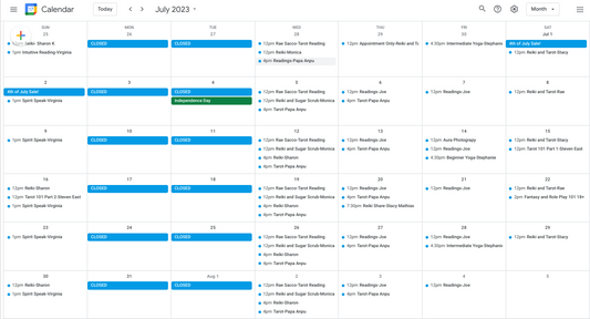 July 2023 Calendar of Events/Classes/Practitioners at Majix Dragon