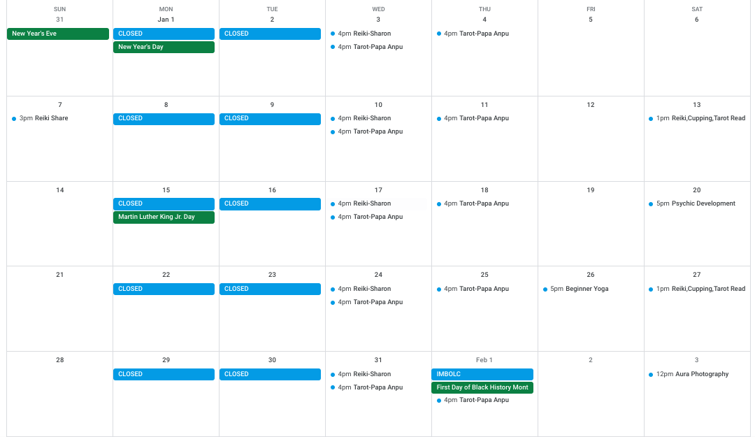January 2024 Calendar of Events and Classes