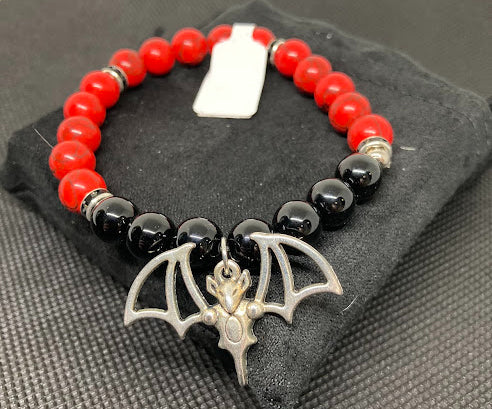 Halloween Handmade Obsidian Bracelet with Bat Charm