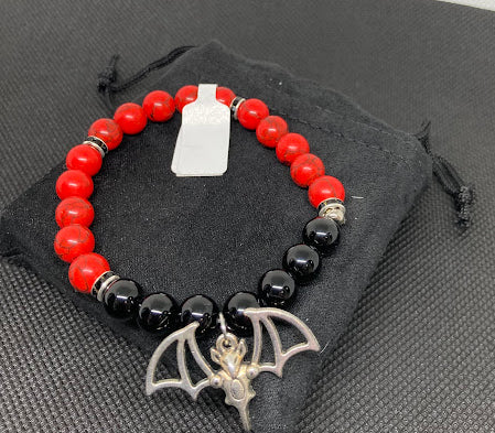 Halloween Handmade Obsidian Bracelet with Bat Charm