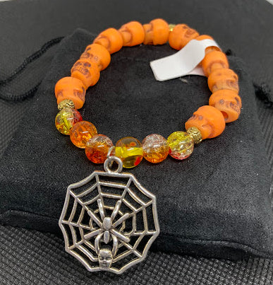 Halloween Handmade Speckled Glass and Orange Skull Bracelet