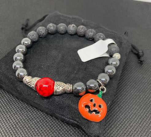 Halloween Handmade Hematite Bracelet with Pumpkin Charm