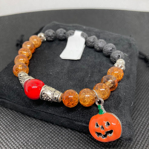 Halloween Handmade Orange Glass Bead and Lava Stone Bracelet