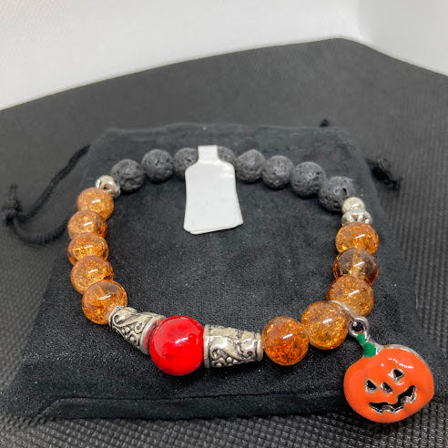 Halloween Handmade Orange Glass Bead and Lava Stone Bracelet