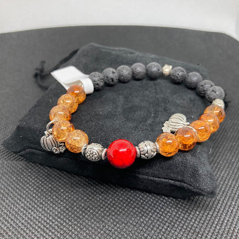 Handmade Halloween Bracelet Orange Glass, Lava Beads, Small Pumpkins