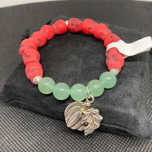 Halloween Handmade Aventurine Bracelet with Red Skulls