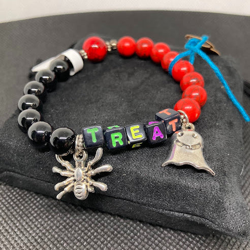 Halloween Handmade Obsidian Bracelet with Spider and Boo Charm