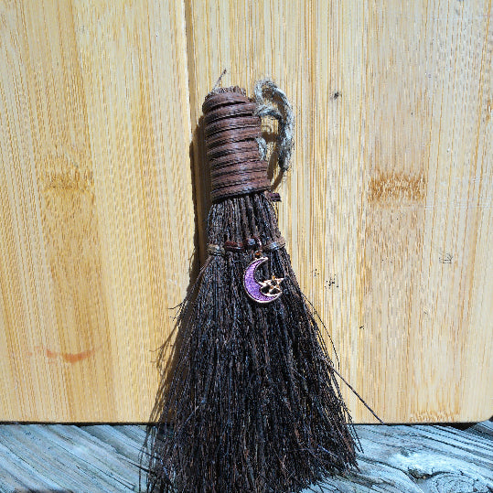 Witchy broom with rose gold pink moon with star charm -  Majix Dragon