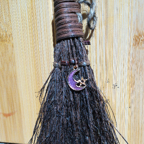 Witchy broom with rose gold pink moon with star charm