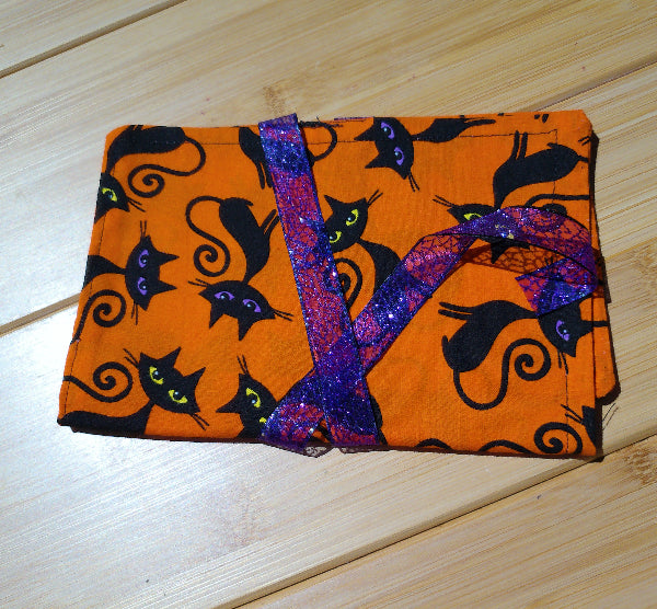 Tarot Card Holder, Orange with black cats, purple cord -  Majix Dragon