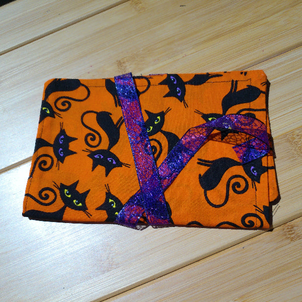 Tarot Card Holder, Orange with black cats, purple cord -  Majix Dragon