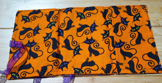 Tarot Card Holder, Orange with black cats, purple cord -  Majix Dragon