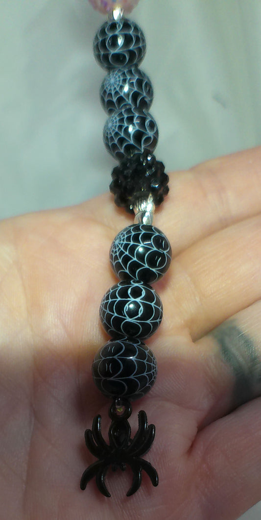 Keychain with black spider charm and web beads